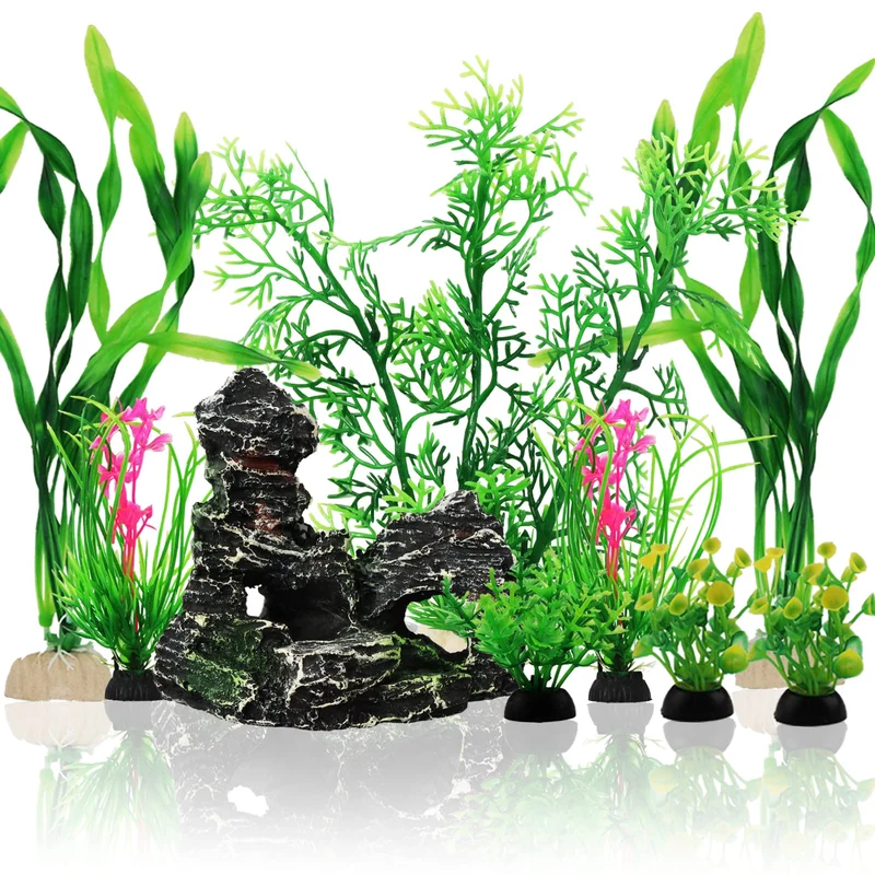 PietyPet Décor Aquarium – Ensemble de 9 pièces: Plantes Vertes et Roche Décorative