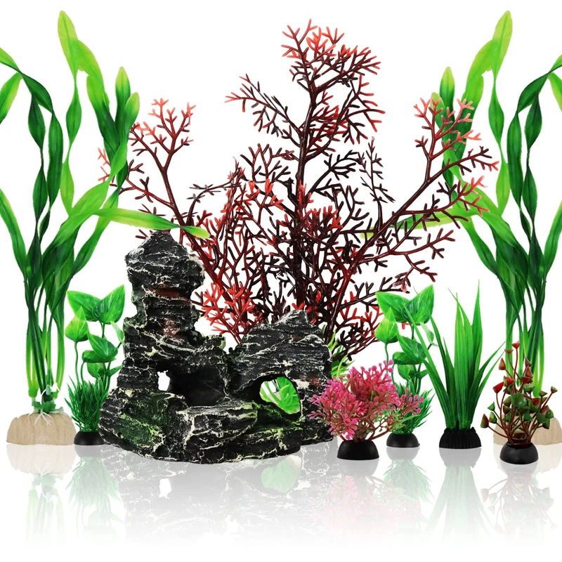 PietyPet Décor Aquarium – 9 Pièces: Plantes et Grotte en Résine, Accessoires d'Aquarium