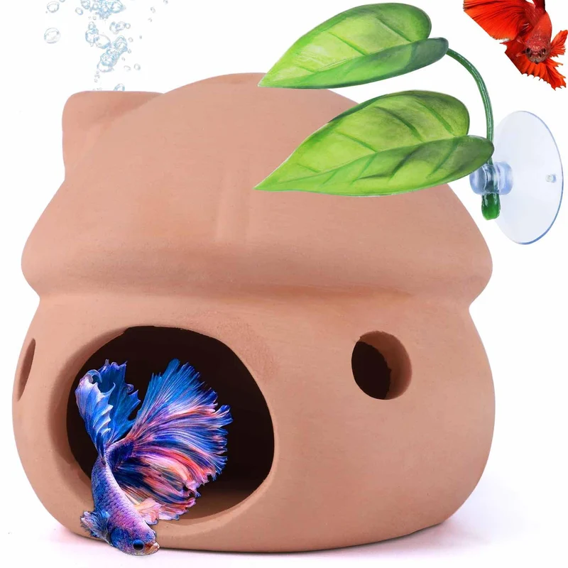 HouseUp Caverne en Céramique Naturelle Mushroom – Décoration d'Aquarium pour Betta et Crevettes