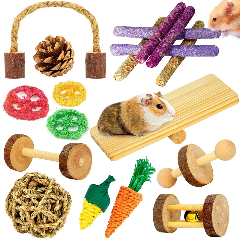 OVERTANG Jouets en Bois pour Hamsters et Cochons d'Inde – Ensemble de 18 Pièces pour Mâchoires et Exercice