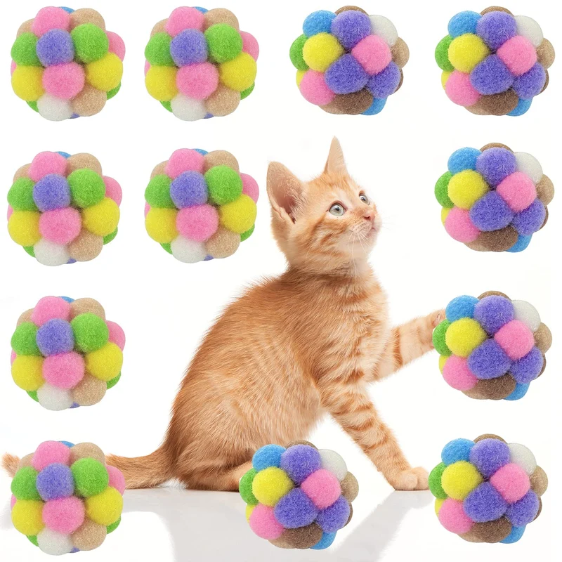 AQSXO Boules de Jeu pour Chat 2 Pouces avec Clochette - 12 Pièces, Peluche Coloriees, Jouets dInterieur