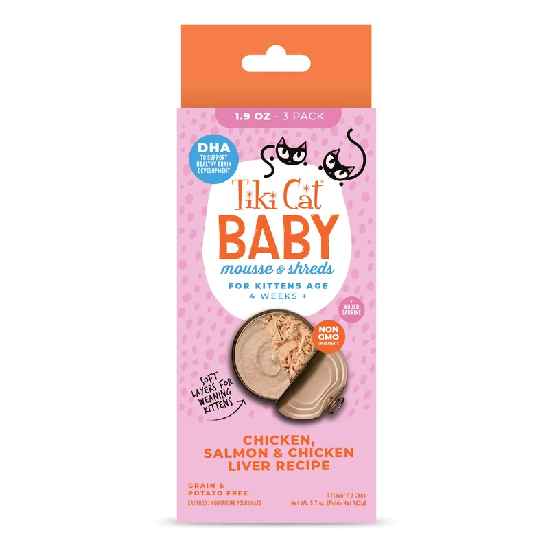 Tiki Cat Baby Mousse & Shreds – Poulet, Saumon et Foie, Haute Protéine, Nourriture Humide pour Chatons 4 Semaines+, Boîtes 54 g (Pack de 3)