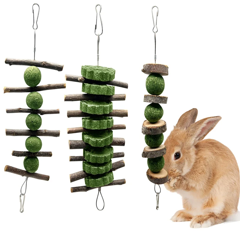BallHull 3 Pièces: Jouet à Mâcher pour Petits Animaux — Branche de Pomme, Boule d'Herbe et Gâteau d'Herbe