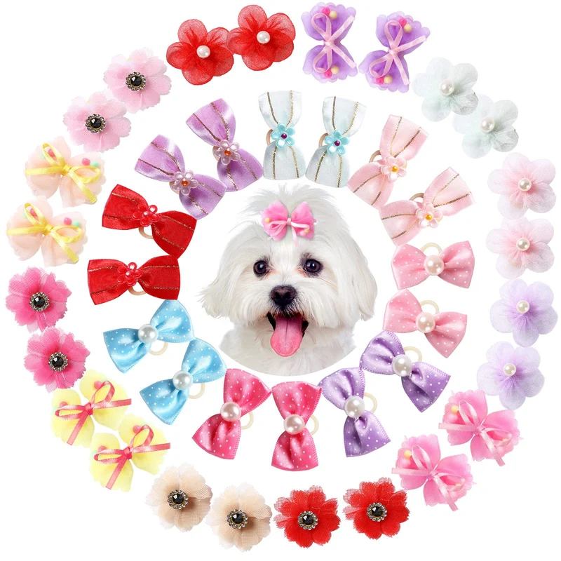 Janinka – 40 Noeuds pour Chien : Noeuds Multicolores avec Élastiques, Dentelle, Strass et Perles