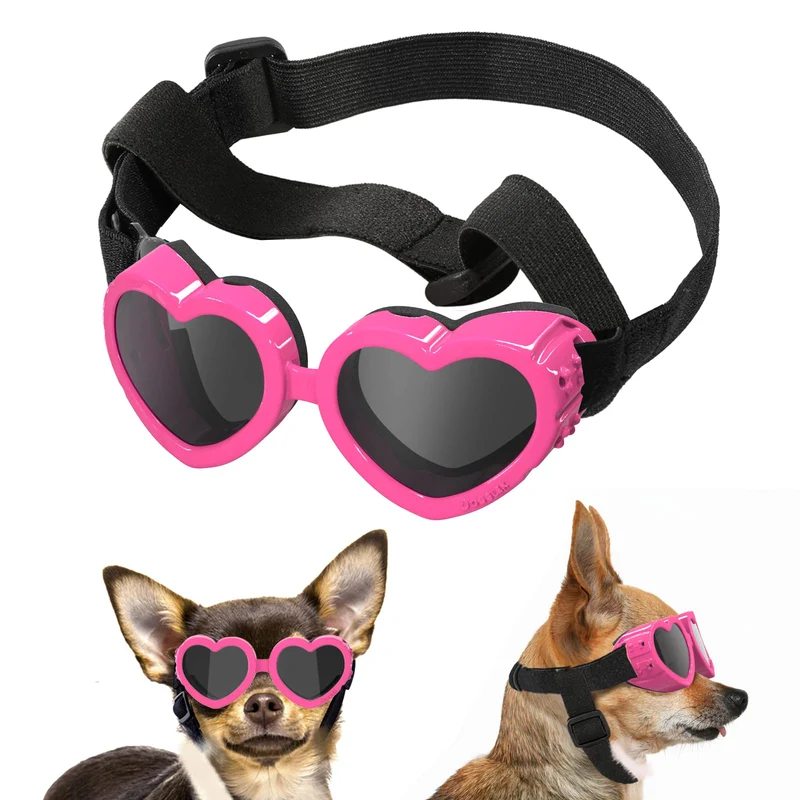 Lewondr Lunettes pour Petit Chien Rose – Protection UV, Design Cœur, Bande Réglable
