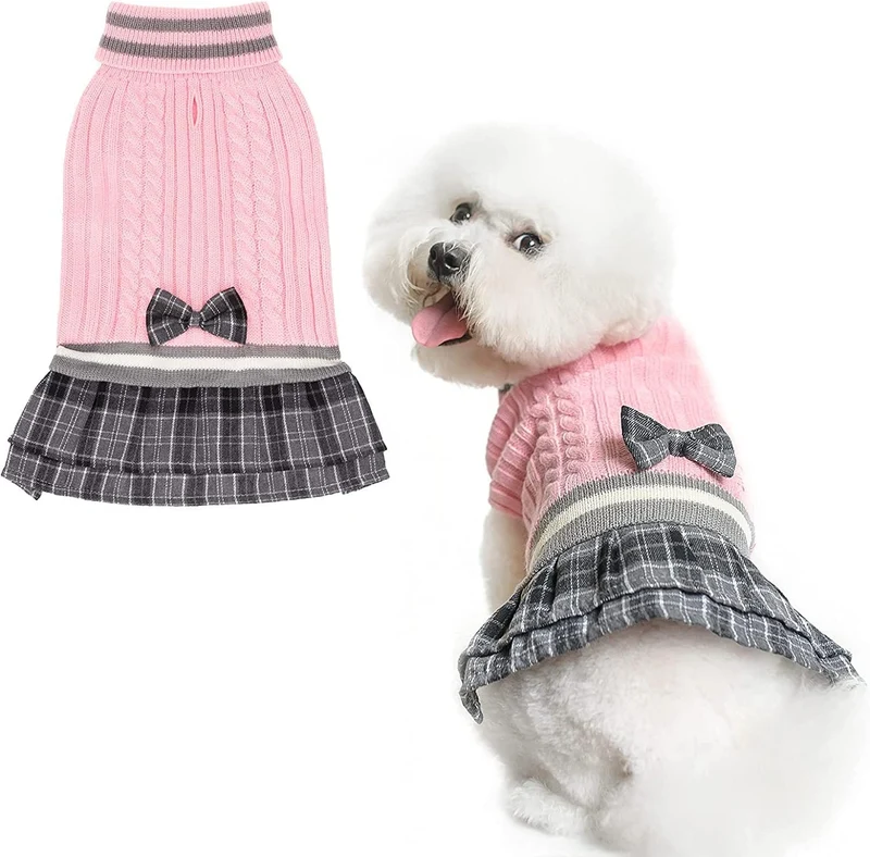 PAWCHIE Pull-Robe pour Chien avec Noeud Papillon — Tricot Col Roulé pour Petits Chiens