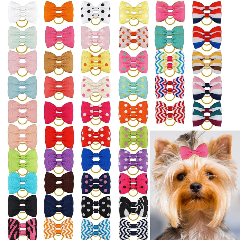 Yxiang 100 pièces: Noeuds et bandes pois colorés avec élastiques pour petits chiens – 50 paires