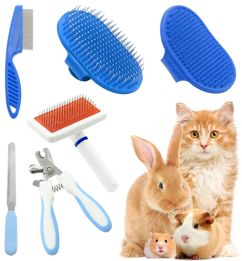 Crafterlife Kit Toilettage Petits Animaux — 6 Pièces (Brosse Slicker, Gant Massage, Peigne Acier, Coupe-Ongles)