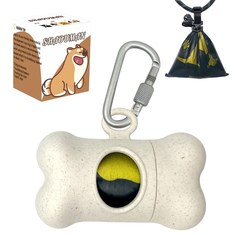 SHAOUMAN Porte-sacs chien en forme d'os – Distributeur léger avec 15 sacs résistants et clip carabiner (couleur Blé)