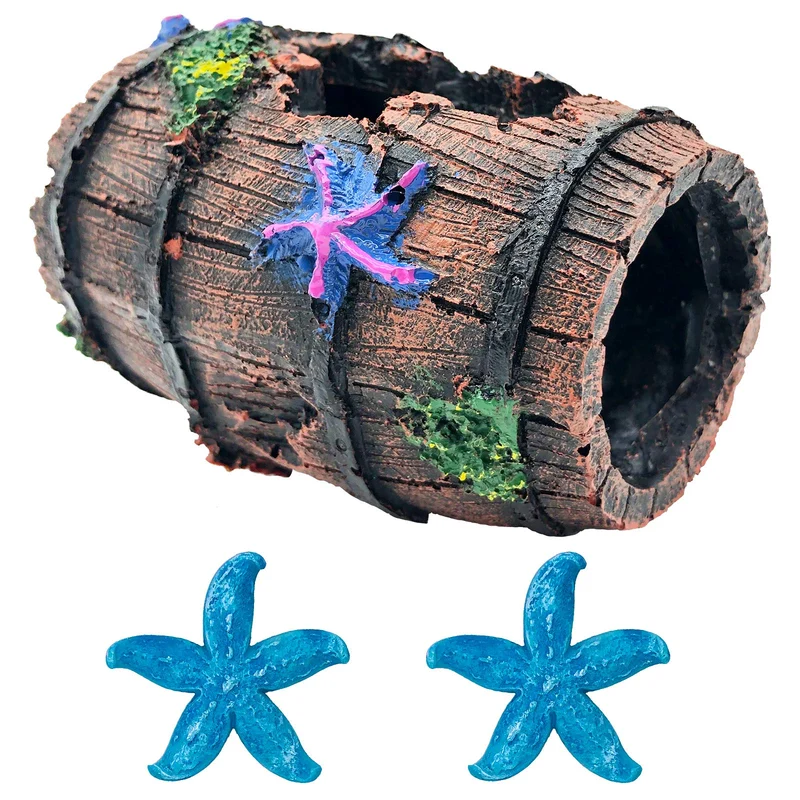 GSD Baril cassé et étoiles de mer bleues pour Betta – Décor d'aquarium
