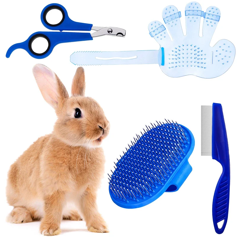 Patelai kit de toilettage 4 pièces pour lapin et petits animaux – coupe-ongles, brosse, brosse shampoing, et peigne (bleu)