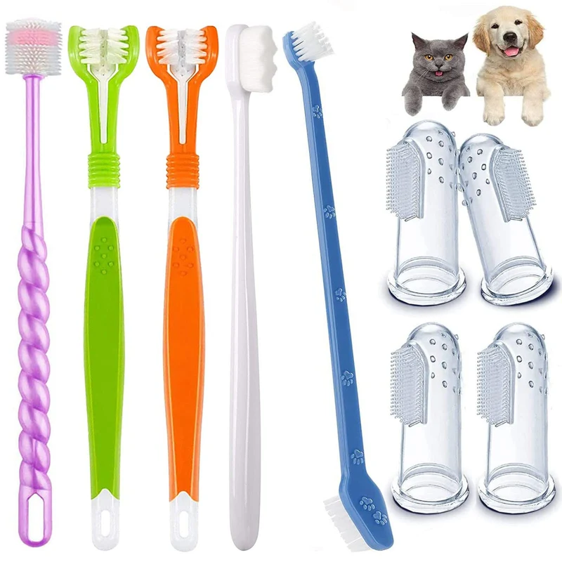 AZOFFYIU Kit Dentaire pour Animaux – 9 Pièces (Brosse Triple-Tête, Brosse Double-Tête et Doigt en Silicone 360)