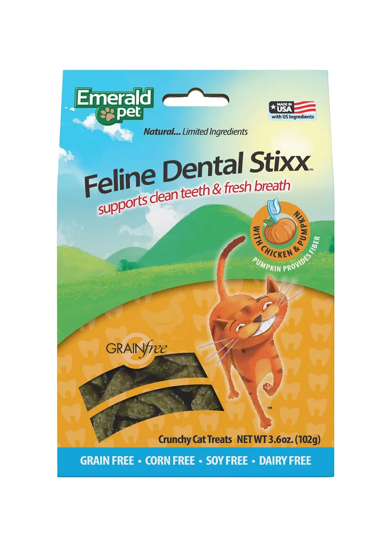 Emerald Pet Feline Dental Stixx — Friandises dentaires pour chats au poulet et citrouille, sans céréales, 3,6 oz