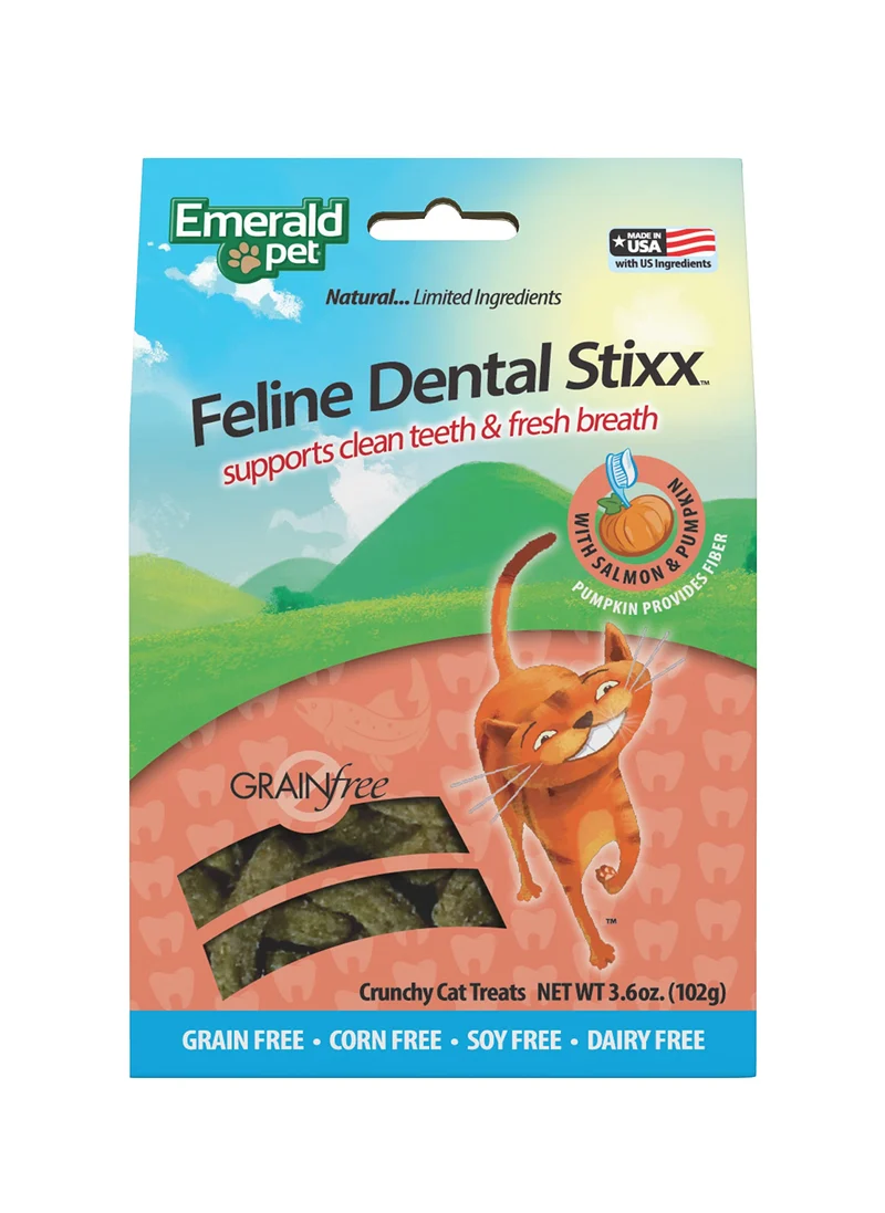 Emerald Pet Feline Dental Stixx — Friandises Dentaires Chats Saumon & Potiron, Sans Céréales, Haleine Fraîche — 3,6 oz