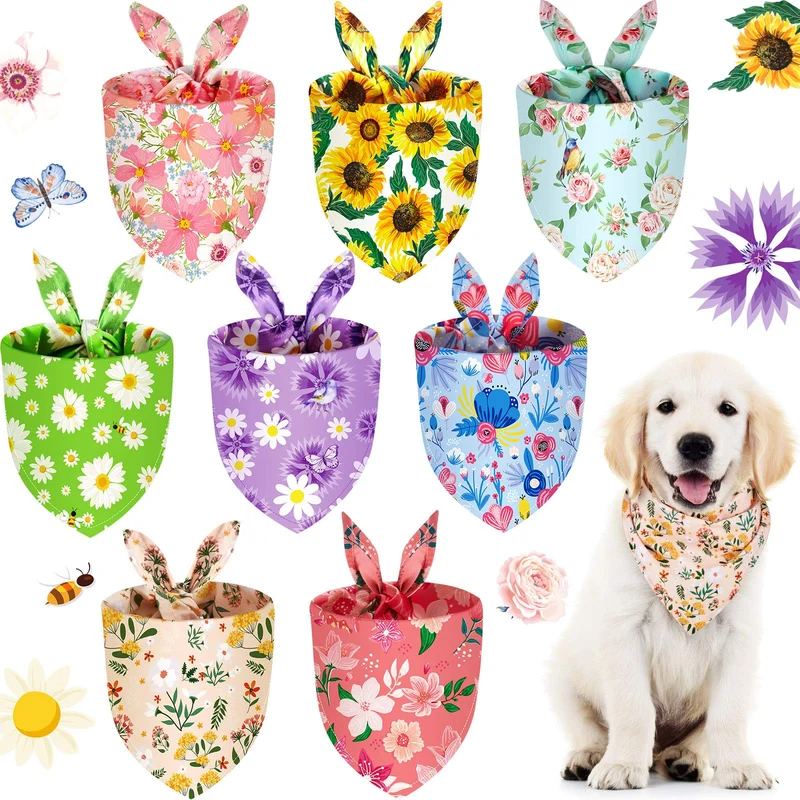 Weewooday - Lot de 8 bandanas fleurs pour chien et chat, triangle lavable