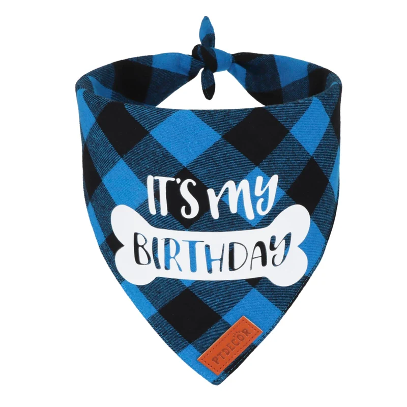 PTDECOR Bandana Anniversaire pour Chien – Bleu à Carreaux, Taille Large (Moyen à Grand)