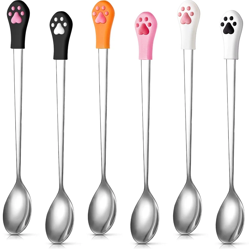 Patelai – Lot de 6 Cuillères en Acier Inoxydable pour Boîtes de Nourriture des Chiens, Poignée Longue et Motif Griffes de Chat