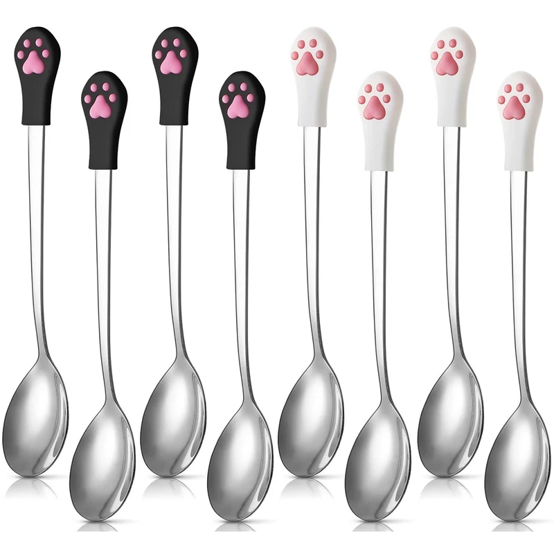 Patelai - 8 Cuillères pour Boîtes de Nourriture Chien et Chat – Acier Inoxydable et Silicone, Motif Griffe de Chat, Noir et Blanc