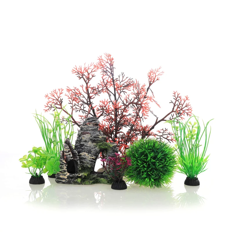 JIH Aquarium - Décor Grotte et Plantes Plastiques, 7 Pièces (CU89Red-7)