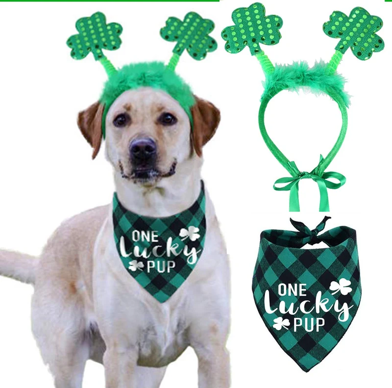 Costume Chien Pawskido St Patrick – Bandeau Trèfle Vert et Bandana Carreaux Buffalo