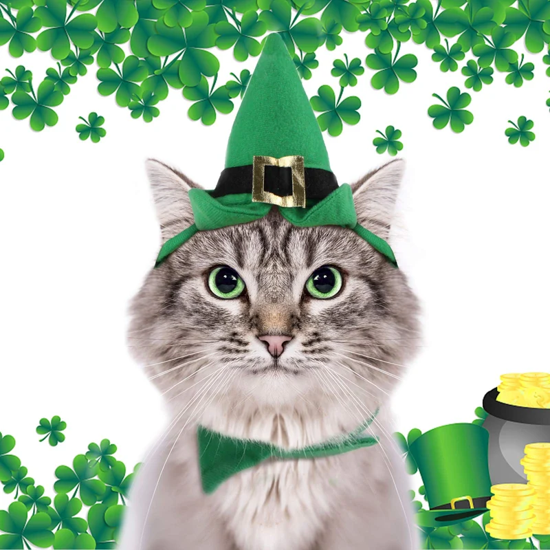 NAMSAN Chapeau Leprechaun Vert et Cravate Ajustable – Costume Saint-Patrick pour Chats et Petits Chiens