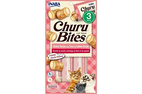 INABA Churu Bites pour Chats – Friandises sans céréales au poulet et cœur Churu, 3 tubes de 0,35 oz, Thon et Saumon