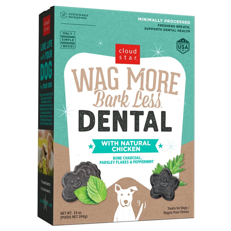 Cloud Star Wag More Bark Less – Friandises Dentaires Croquantes pour Chien (Poulet, Charbon d'Os, Persil & Menthe), Boîte 14 oz