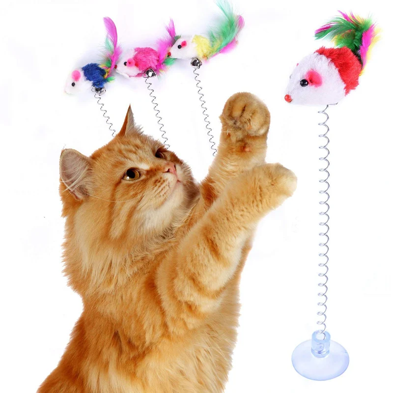 KABB – Lot de 3 Jouets Souris Ressort pour Chat avec ventouse, peluche à plume et clochette – Couleurs aléatoires