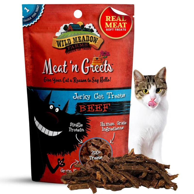 Wild Meadow Farms Meat 'N Greets – Friandises pour Chats au Boeuf, Jerky Tendre et Protéines Élevées