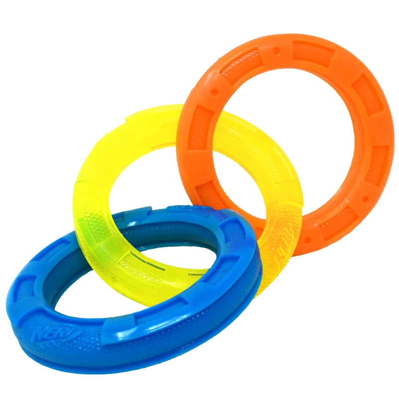 Jouet Nerf Dog Tug à 3 Anneaux en TPR – 11,5 po Bleu, Vert et Orange