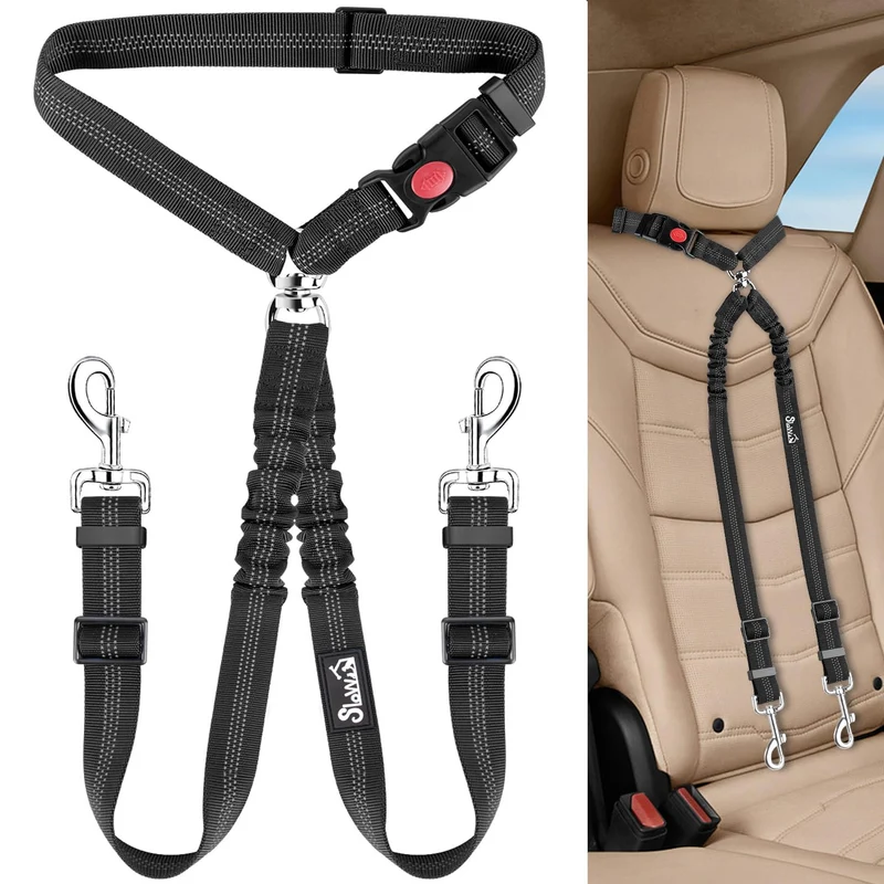 Lukovee Ceinture Double pour Chiens — Sécurité et Confort en Voiture (2 Chiens)