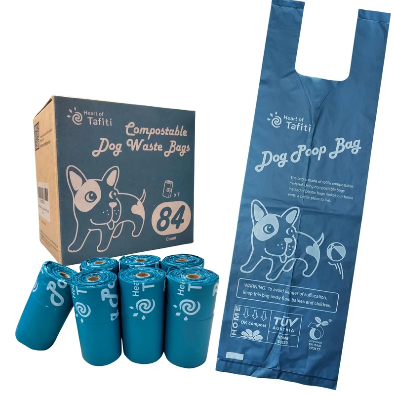Heart of Tafiti Sacs compostables pour chien avec poignées – 84 unités, sans parfum, 9×13 pouces (16 pouces avec poignées)