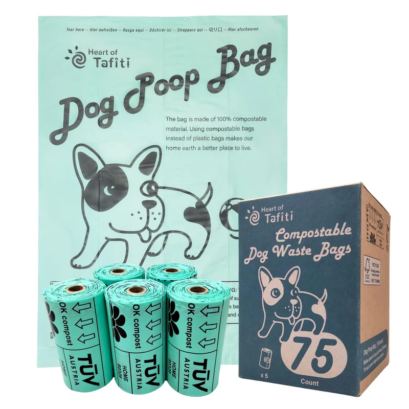 Heart of Tafiti Sacs Compostables pour Chien – Épaisseur Extra, Sans Parfum, 75 Unités (9x13)