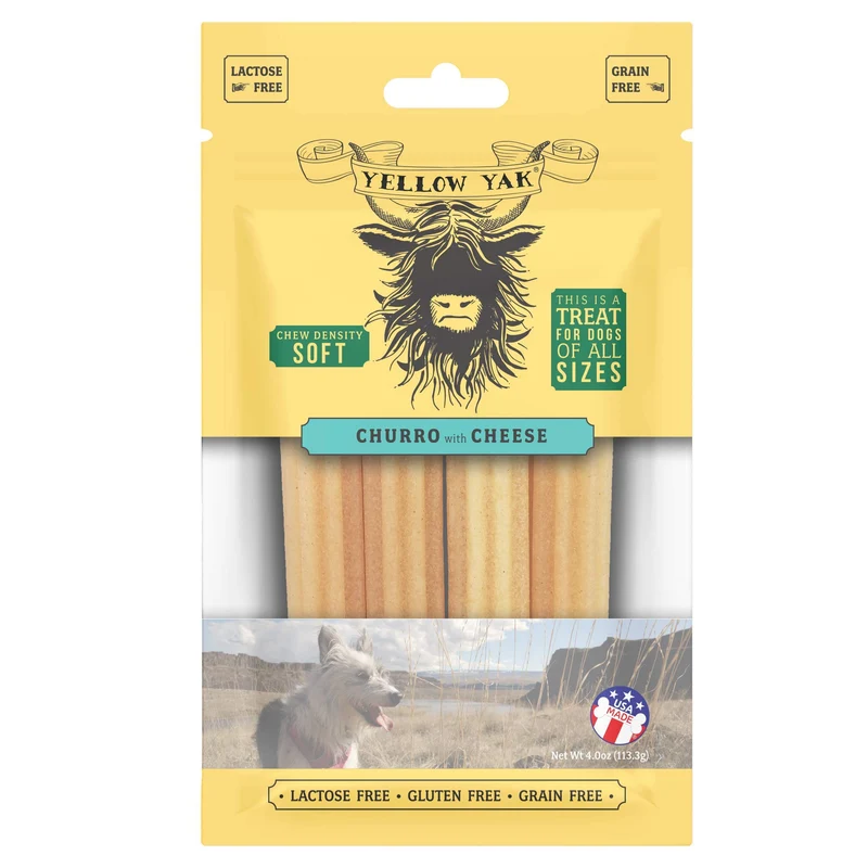 Yellow Yak Churro Chew – Friandise pour chiens sans lactose ni gluten (USA) | Saveur fromage réel | 4 bouchées