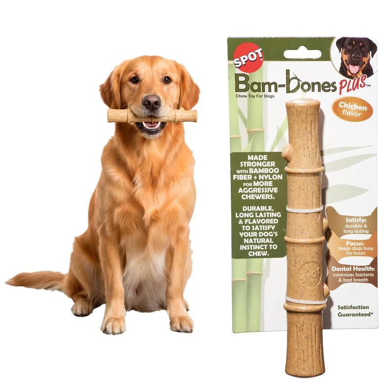 SPOT Bam-Bones Plus: Bâton Bambou et Nylon — Jouet à Mâcher Durable pour Chiens Agressifs jusqu’à 40 kg, Saveur Poulet, 9,5 po