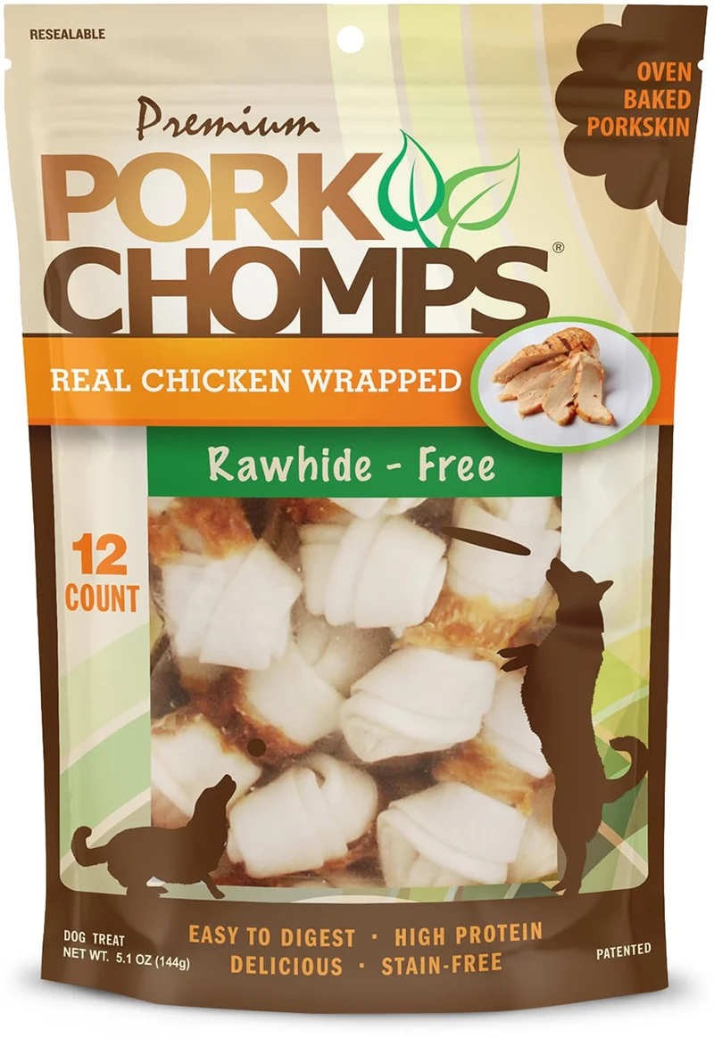 Pork Chomps Mini Noeuds de Porc Cuits au Four – Enrobage au Poulet, 2,5 pouces, Lot de 12