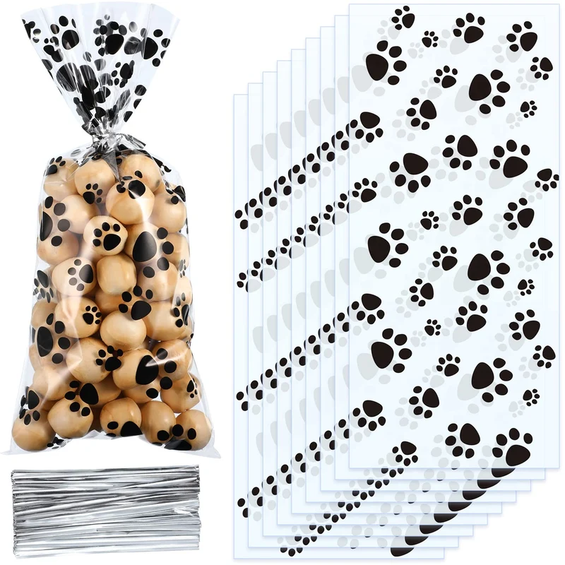Blulu – 200 sachets en cellophane à empreinte de patte pour friandises canines, avec attaches torsadées argentées (noir)