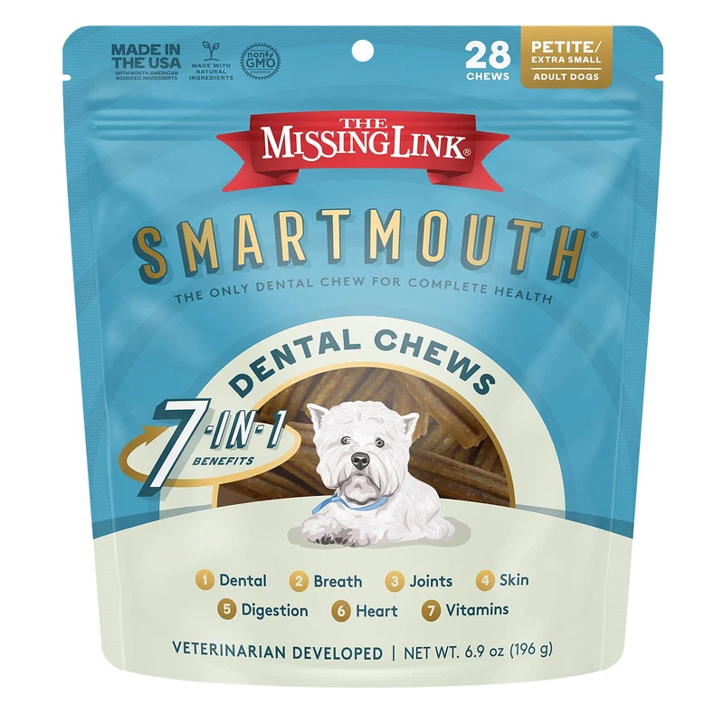 The Missing Link Smartmouth – Friandises dentaires vétérinaires développées, 7 en 1 pour dents et santé canine – Petites tailles 5–15 lb, 28 unités