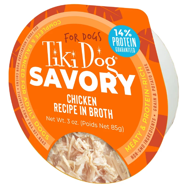 Tiki Dog Meaty – Nourriture humide sans céréales à haute teneur en protéines au poulet en bouillon, 4 boîtes de 3 oz, sans colorant
