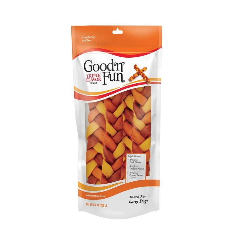 GOOD 'N' FUN Triple Flavor Braids – Friandises tressées triple saveur pour chiens de grande taille (9,4 oz)