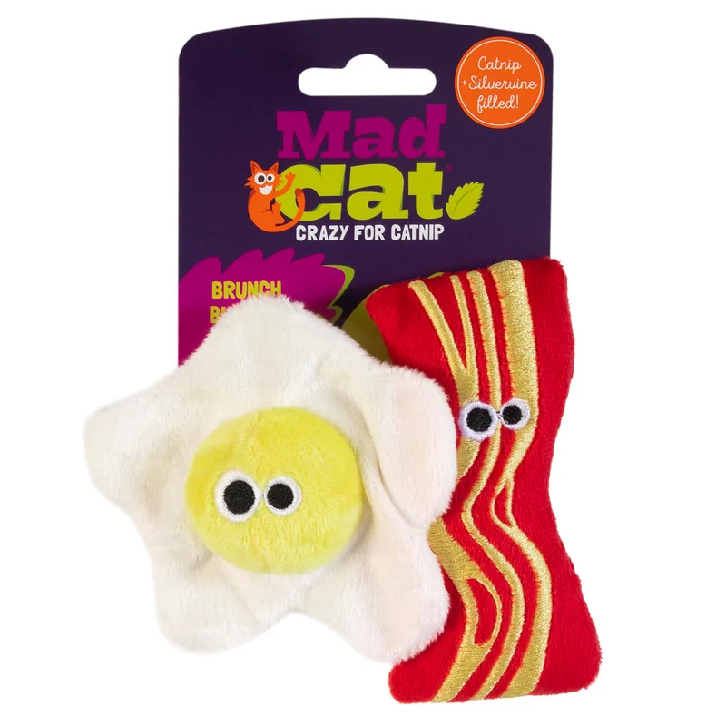 Mad Cat Brunch Buddies – Jouets Chat Bacon et Œufs avec Catnip & Silvervine, Lot de 2