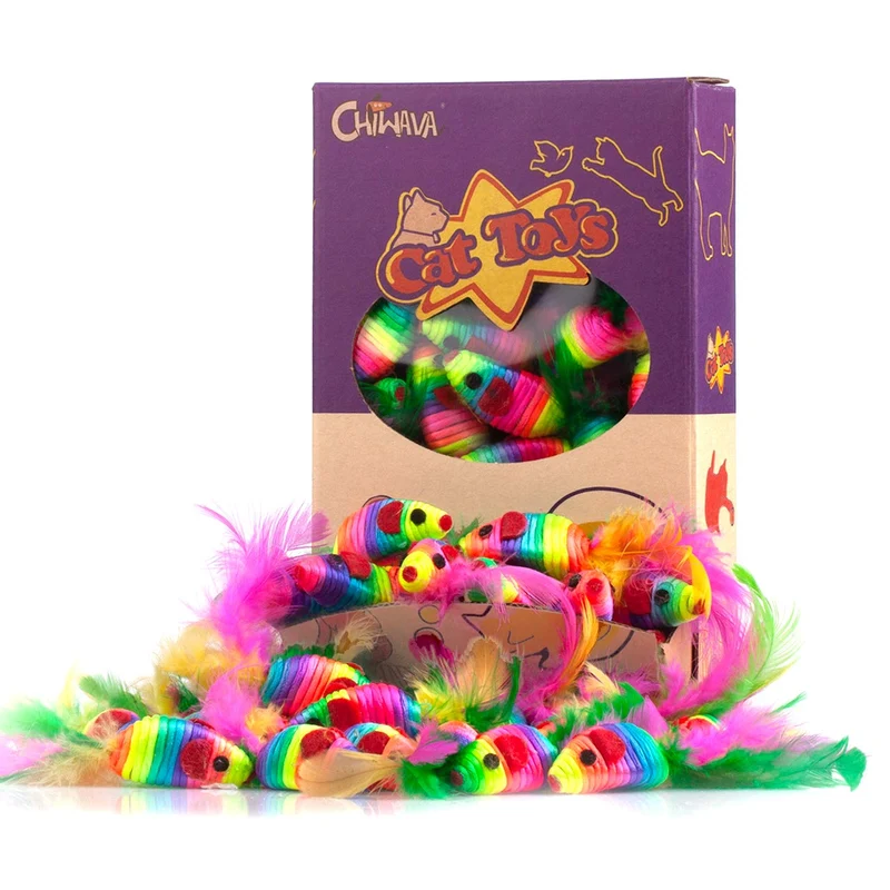 CHIWAVA 24 pièces – Souris bruissante arc-en-ciel avec corde et plumes pour chatons