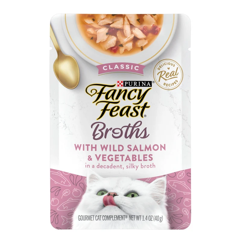 Purina Fancy Feast Bouillons Classiques – Saumon Sauvage et Légumes, Poches 1,4 oz (Pack 16)