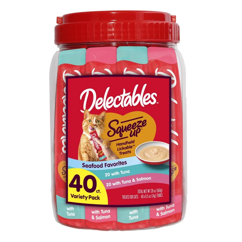 Delectables Squeeze Up Pack Fruits de mer – Friandises chat onctueuses et hydratantes, 40 tubes