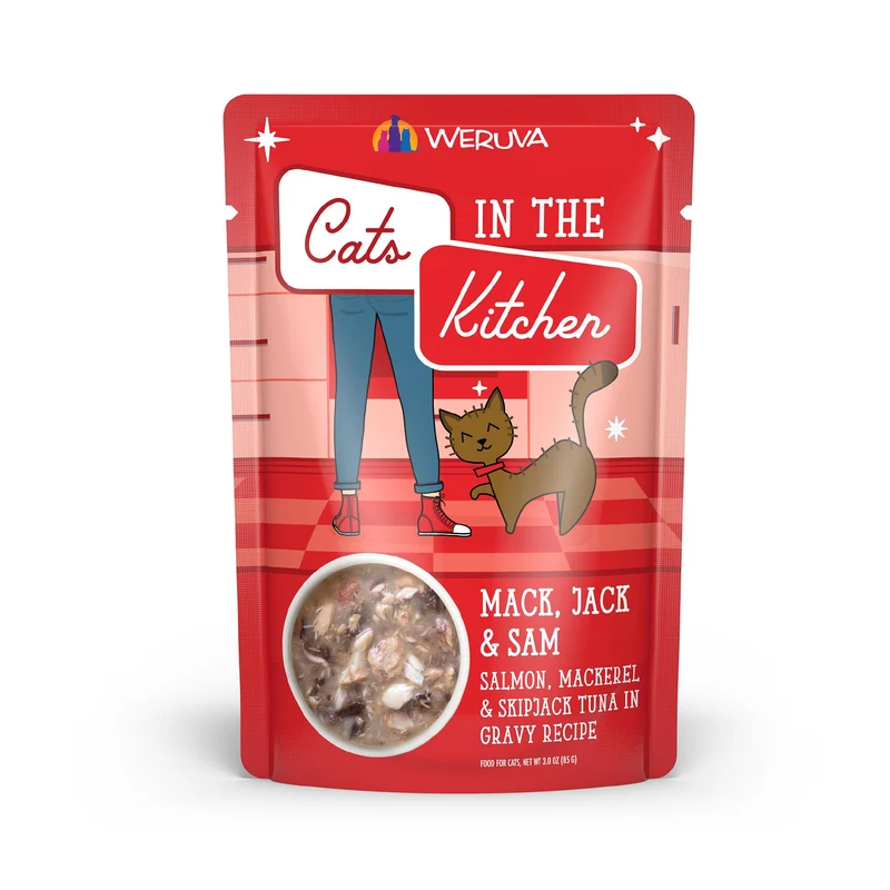 Weruva Cats in The Kitchen Mack, Jack & Sam — Maquereau sauvage, Thon Skipjack et Saumon en Sauce, Sachets 3oz (Lot de 12)
