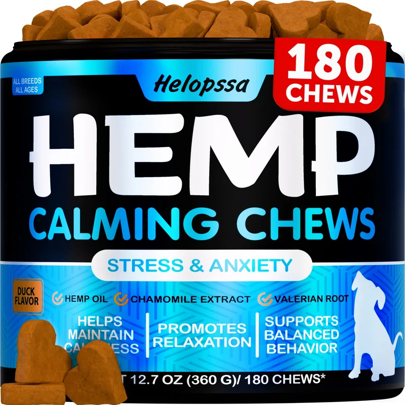 Friandises apaisantes Helopssa pour chiens anxieux – 180 bouchées souples, calme potentiel lors des orages et séparations | Valériane, L-Tryptophane, huile de chanvre