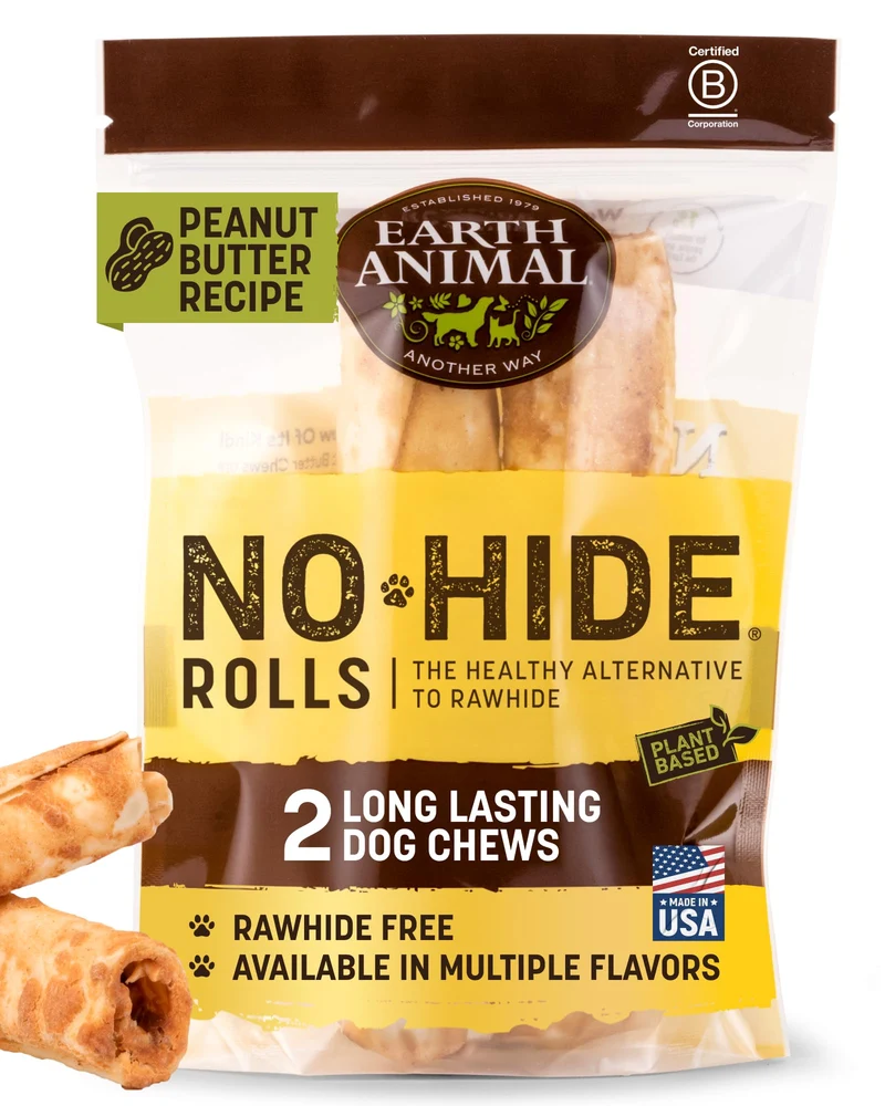 Earth Animal No Hide Chews – Rouleaux sans peau pour chien moyen (46–75 lb) au beurre de cacahuète – 2 pièces