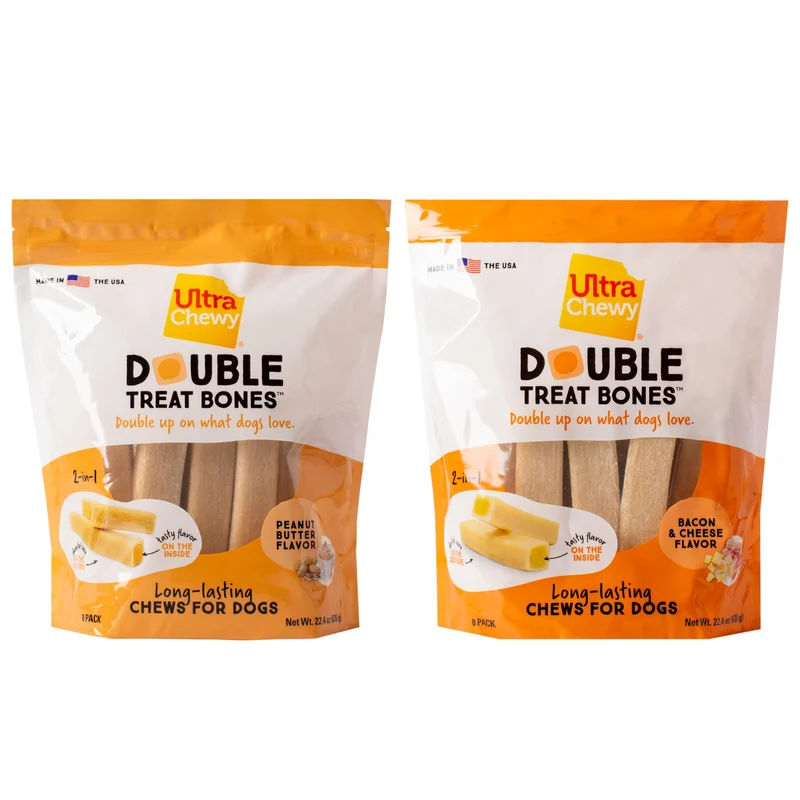 Ultra Chewy Os Double Treat – Os à double texture, longue durée, fabriqués aux États‑Unis, pour grands et petits chiens, saveur beurre de cacahuète et bacon fromage (2 paquets)