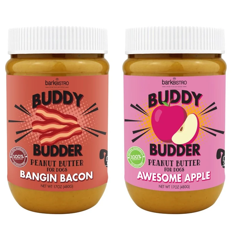 BUDDY BUDDER Awesome Apple + Banging Bacon – Pâte d’arachide naturelle pour chiens, fabriquée aux États-Unis (17 oz)