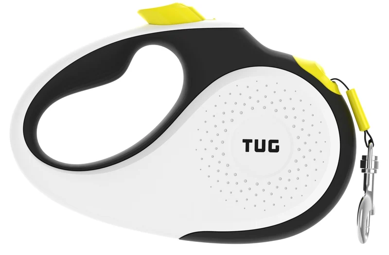 Laisse rétractable TUG 360° sans enchevêtrement — 16 pieds, poignée anti-dérapante, frein à une main (Grand, blanc/jaune néon)